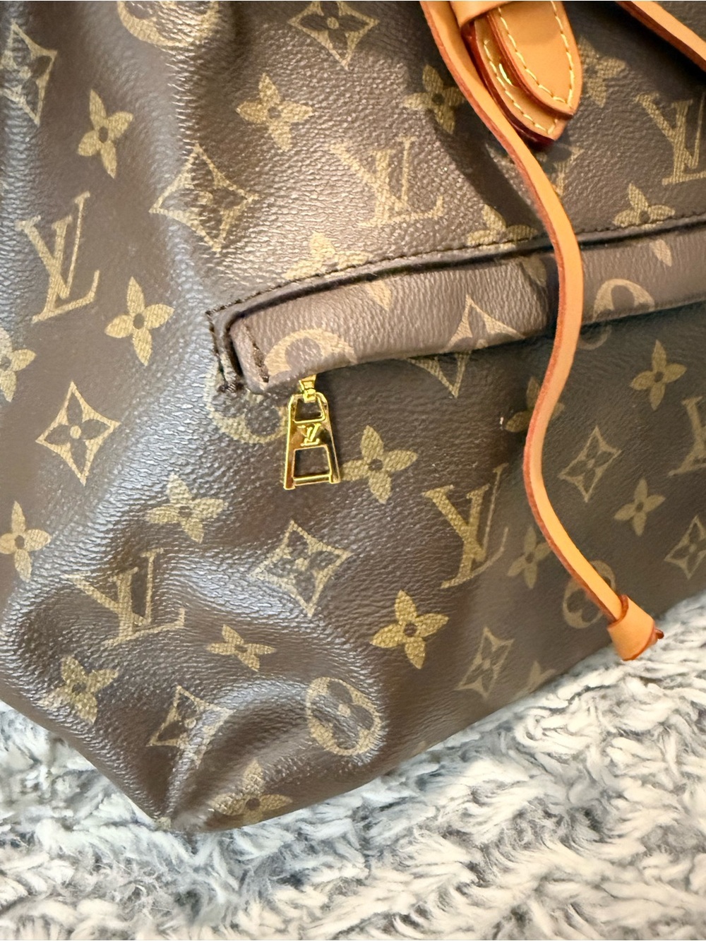 Brown Monogram Drawstring Backpack with Tan Trim - Picture 4 of 11